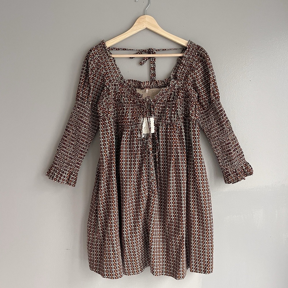 Free‎ People Star Dip Mini Dress Brown Multi 3/4 Sleeve Smocked Size XS NWT